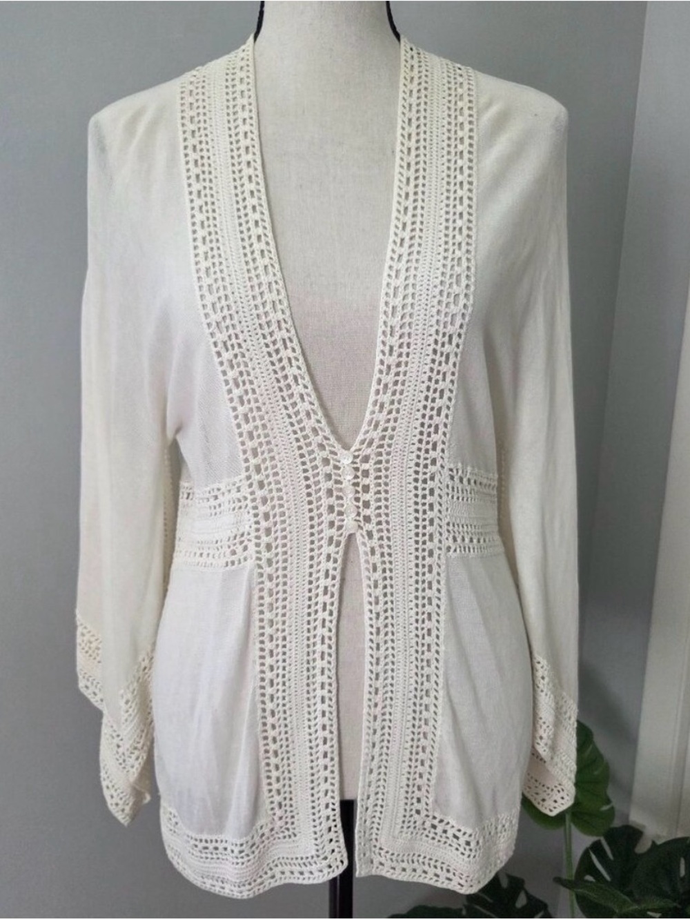 Whimsical White Cotton Crochet Sweater Susana Monaco Sz L - NEW WITH TAGS!